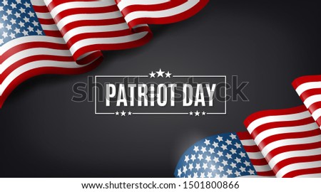 USA Patriot Day illustration, 9.11 terrorist attacks memorial. Patriotic template for greeting card, flyer, poster, banner. Decorated with american flags, framed holiday message and grey background.