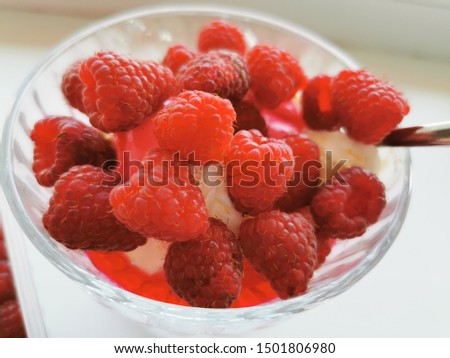 Ice cream in a glass creamer with fresh red raspberries. Summer dessert. Close-up photo.
