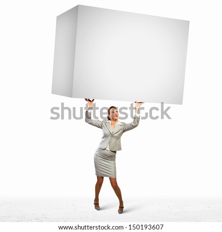 Image of business woman holding heavy white cube above head Royalty-Free Stock Photo #150193607