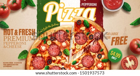 Pepperoni pizza banner ads on kraft paper italian flag background with tomatoes and basil leaves, 3d illustration top view perspective
