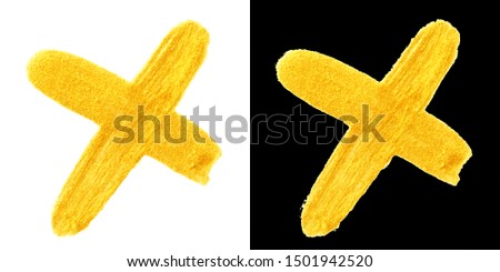 yellow gold colored doodle cross sign isolated on black and white backgrounds. hand-drawn golden acrylic ban symbol, stock photo illustration 