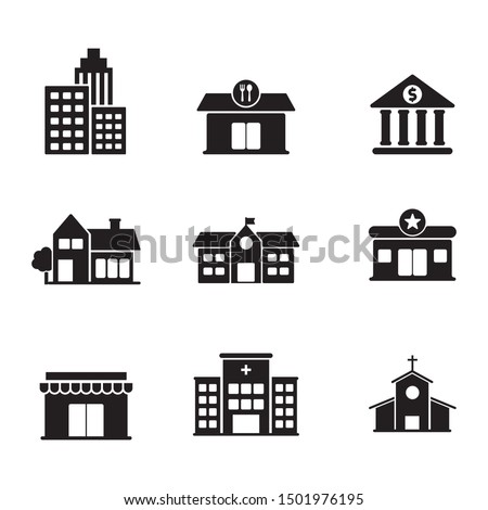 Set of building related icon such as school, hospital, house and more with black and white design