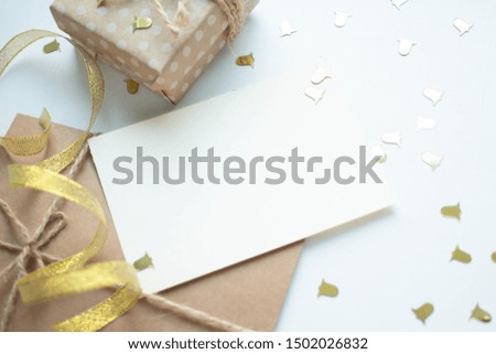 mockup card with ribbon. invitation card with envelope and details Mockup with postcard and glitter on white background.