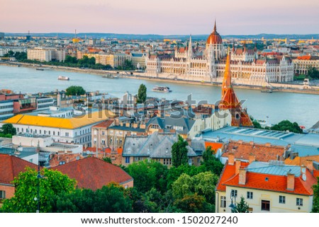 Hungarian Parliament Building and Danube river, Budapest city panorama view at sunset in Hungary