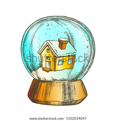 Snow Globe With House Souvenir Vintage Vector. Snowy Winter And Ancient Building In Glass Snow Ball On Pedestal. Seasonal Holiday Gift Sphere Template Designed In Retro Style Color Illustration