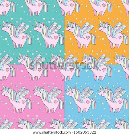 Children's seamless pattern set. Cute little pink magical unicorn with wings among the stars. Delicate, pastel colors. Romantic hand drawing illustration for children. Fairytale character. 