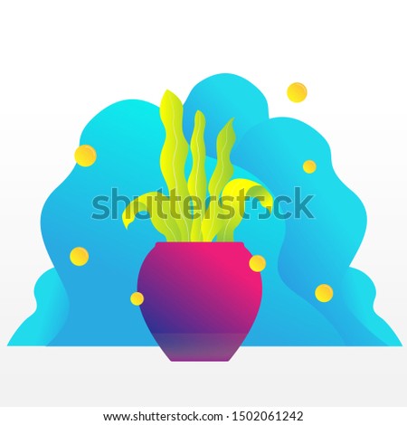 Jar with tree and plant with blue fluid shape in background. Vector illustration.