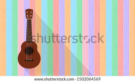 ukulele cute hanging on a wooden wall pastel colors copy space, small ukelele color wood wall for banner, realistic ukelele for classical music play, ukulele classic retro style at wall, small guitar
