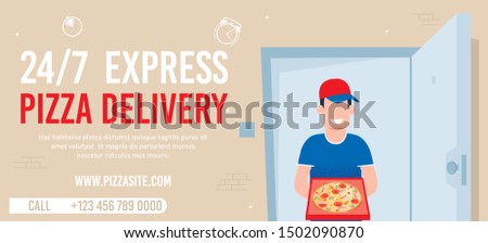 Round-the-Clock Express Pizza Delivery Advert. Flat Banner with Contacts and Internet Food Service Site. Cartoon Happy Smiling Courier Man Character Handing Open Box on Doorway. Vector Illustration