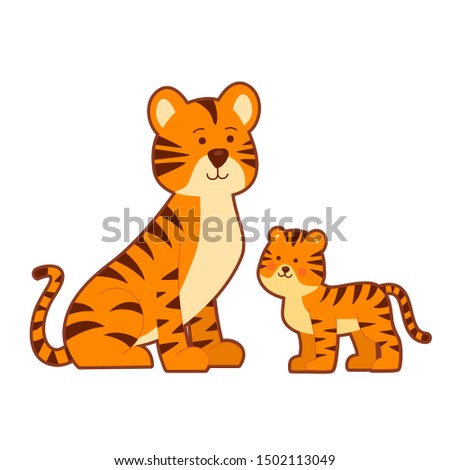 Tigress and cub on white background. Cute family portrait.