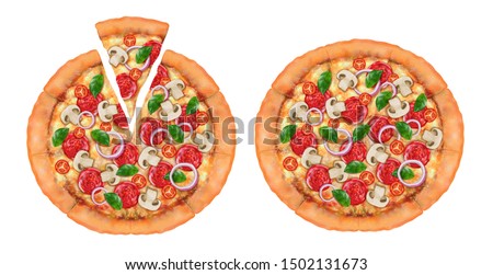 Top view of delicious pizza on white background in 3d illustration