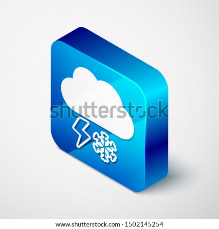 Isometric Cloud with snow and lightning icon isolated on white background. Cloud with snowflakes. Single weather icon. Snowing sign. Blue square button. Vector Illustration