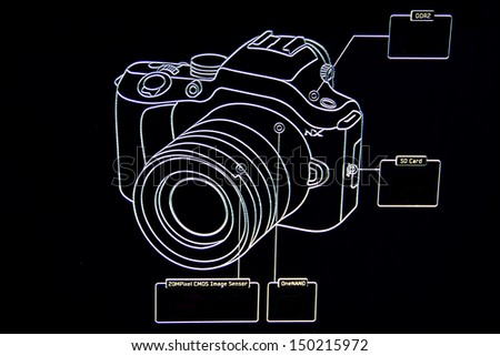 Components of the Dslr camera line on black background