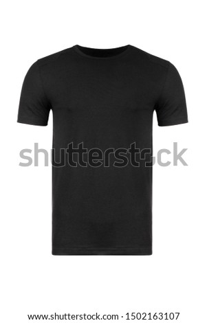Blank black t-shirt, front view, isolated on white background