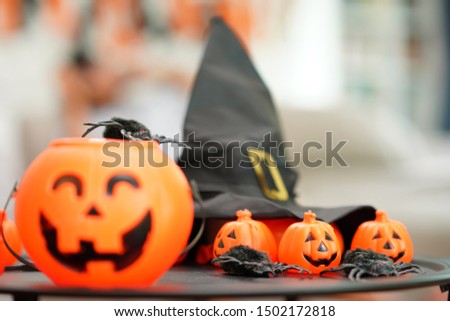 Halloween costume fancy, orange face pumpkin, spiders, and witch hat fun for child decorate ideas to party holiday events                 