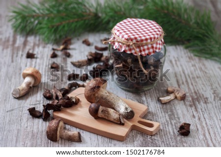 Dried forest mushrooms. Wild mushrooms are dried for storage.