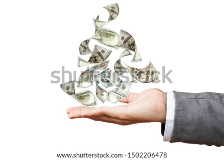 US dollar banknote flying on hand of businessman with white background.US dollar is main and popular currency of exchange in the world.Investment and saving concept.