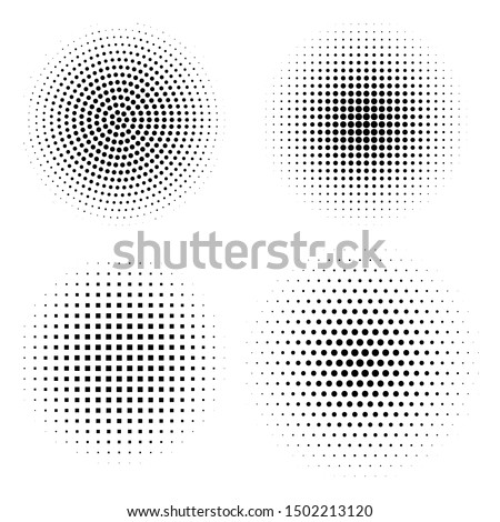 Vector set of halftone design elements. Abstract circles with dotted gradient halftone effect. Black dots on a white background. Digital graphic Royalty-Free Stock Photo #1502213120