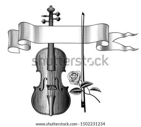 Ribbon banner, violin with bow and rose. Vintage engraving stylized drawing
