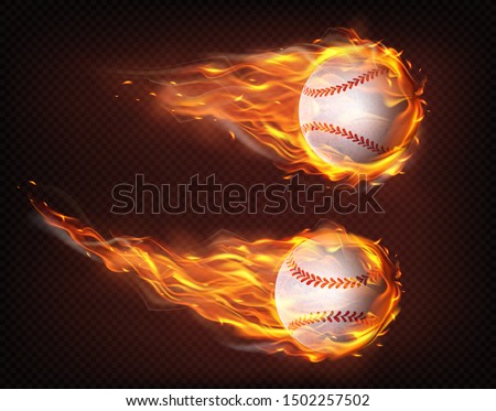 Firing, flying engulfed in flames baseball balls 3d realistic vector illustration isolated on transparent background. Sport inventory shop ad, baseball competition, tournament promotion design element