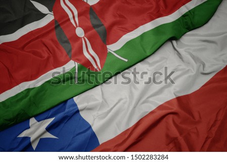 waving colorful flag of chile and national flag of kenya. macro