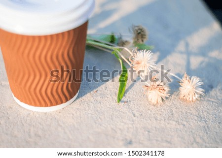 Paper cup with coffee. Dry flowers on the sand. Bright summer good morning. Brown paper cup with plastic white lid.