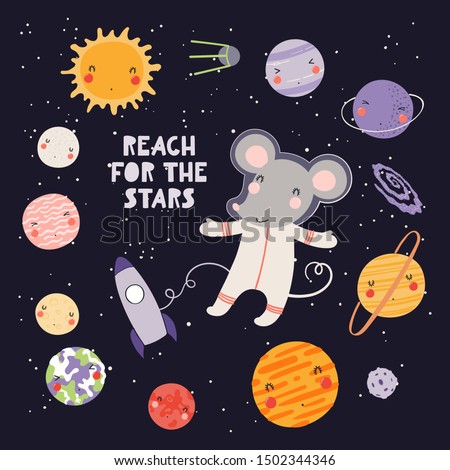 Hand drawn vector illustration of a cute mouse astronaut in space, with Solar system planets, quote Reach for the stars. Isolated on dark. Scandinavian style flat design. Concept for children print.