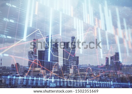 Double exposure of financial graph on downtown veiw background. Concept of stock market research and analysis