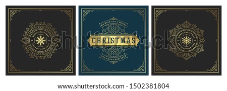 Christmas square banners vintage typographic design, ornate decorations symbols with winter holidays wishes, floral ornaments and flourish frames. Vector illustration.