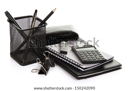 A set of office accessories, man's purse and flash card isolated on white Royalty-Free Stock Photo #150242090