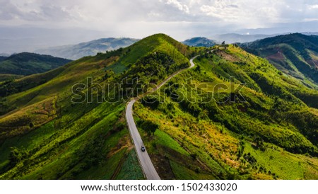 landscape aerial view mountain paths and valley in the rain season at chiang rai thailand