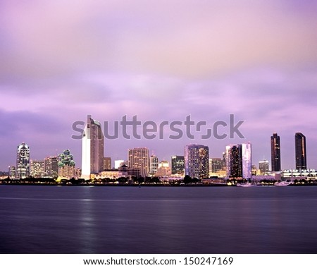 City skyline at dusk, San Diego, California, USA.