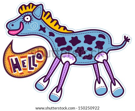 Standing blue horse with pink legs and a white with blue hooves. Yellow mane and big pink lips. The horse says hello. The dark spots on the body of a horse.