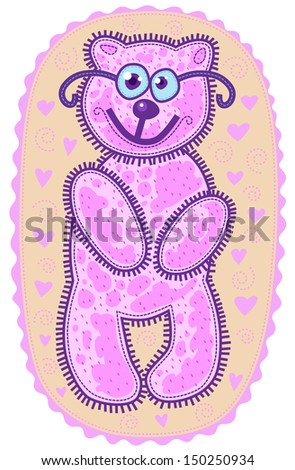 Smiling pink teddy bear with glasses. Gentle background with wavy pink frame. Pink hearts and spirals on a background.