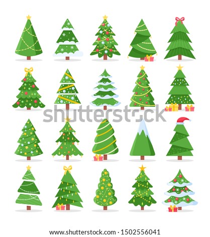 Vector set of cartoon Christmas trees, pines for greeting card, invitation,banner, web. New Years and xmas traditional symbol tree with garlands, light bulb, star. Winter holiday. Icons collection. Royalty-Free Stock Photo #1502556041