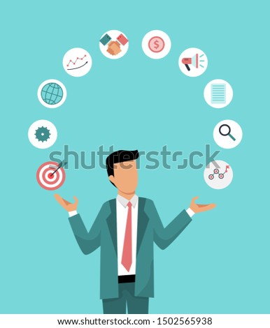 Businessman is juggling business icons. Illustration of the correct distribution work time. Business management vector illustration.
