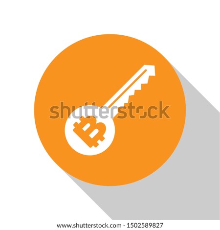 White Cryptocurrency key icon isolated on white background. Concept of cyber security or private key, digital key with technology interface. Orange circle button. Flat design