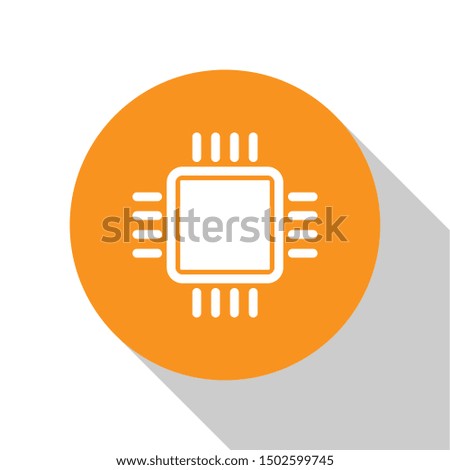White Computer processor with microcircuits CPU icon isolated on white background. Chip or cpu with circuit board sign. Micro processor. Orange circle button. Flat design