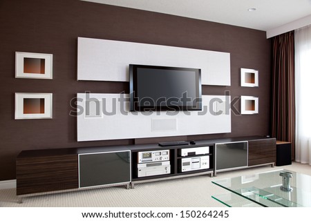 Modern Home Theater Room Interior with Flat Screen TV, modern contemporary apartment with TV Royalty-Free Stock Photo #150264245