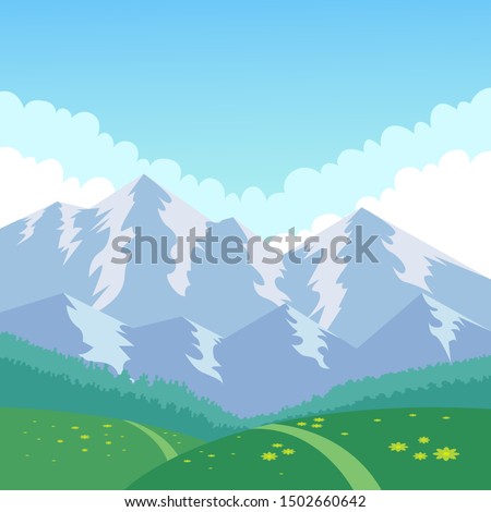 Beautiful mountains landscape design vector in flat cartoon style banner for any use. Trendy vector illustration