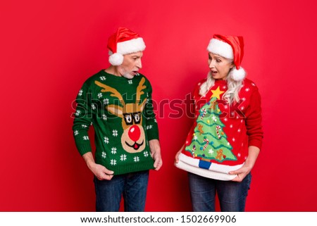 Photo of two astonished excited people grey white haired husband wife showing funny cartoon pictures on reindeer evergreen tree on jumpers isolated bright color background