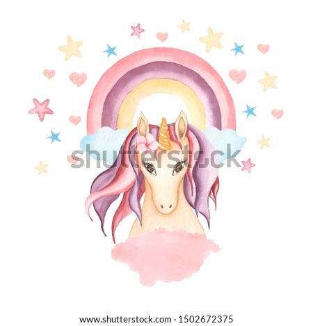 Watercolor hand drawn pink and violet unicorn card illustration with rainbow, star and heart,cloud, fairy tale animal creature, magical  clip art, isolated on white background.Birthday pink and violet