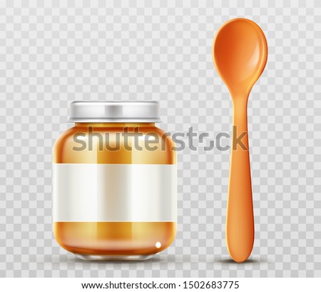 Baby food jar and plastic spoon set, glass puree bottle with cap isolated on transparent background mock up design. Blank preserve tube for child nutrition mockup. Realistic 3d vector illustration