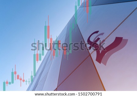 Pound symbol and marketplace charts on business center background. Trading, investment or financial concept. Technical price graph and indicator, red and green candlestick chart.