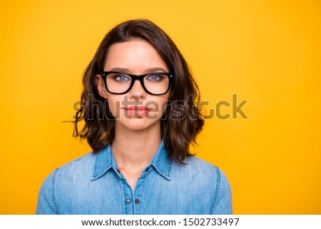 Close up photo of serious confident entrepreneur good looking real executive ready to solve work problems wear denim jeans clothes isolated over yellow color background