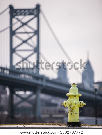 Benjamin Franklin Bridge and a yellow fire hydrant.  Philly Skyline in the background.