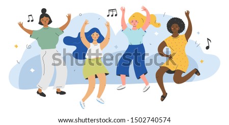 Young cute happy dancing girls characters, female crowd of dancers to music isolated. Smiling young women enjoying dance party. Vector illustration in modern trendy flat cartoon style.