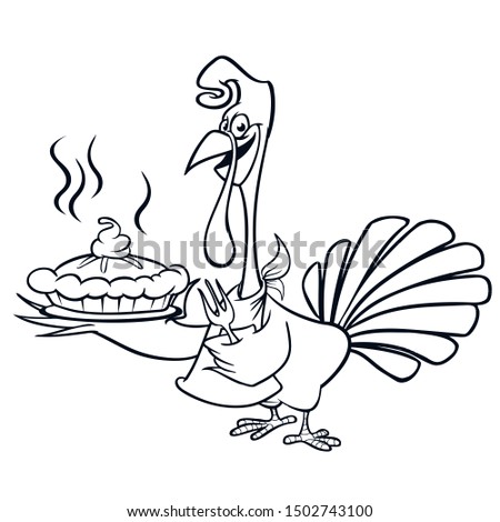 Thanksgiving funny cartoon turkey chief cook serving pumpkin pie outline strokes. Turkey for coloring book