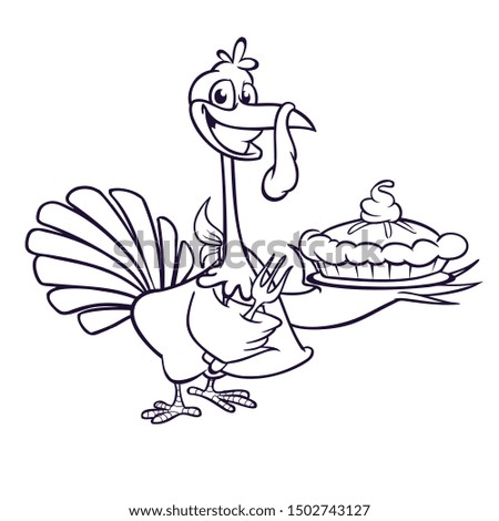 Thanksgiving Cartoon Turkey holding fork and pie. Illustration for coloring book