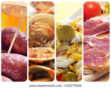 a collage of four pictures of different spanish tapas and dishes, such as chorizos, almejas, stuffed eggs and jamon